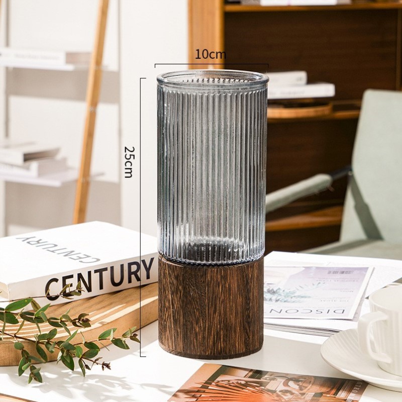 高级直筒创意高档玻璃花瓶感轻木托奢风简约摆件水养客厅插花轻奢