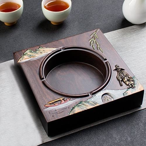家用防风复古实木号客厅烟灰缸创意中式黑檀烟灰缸带盖潮流大个性