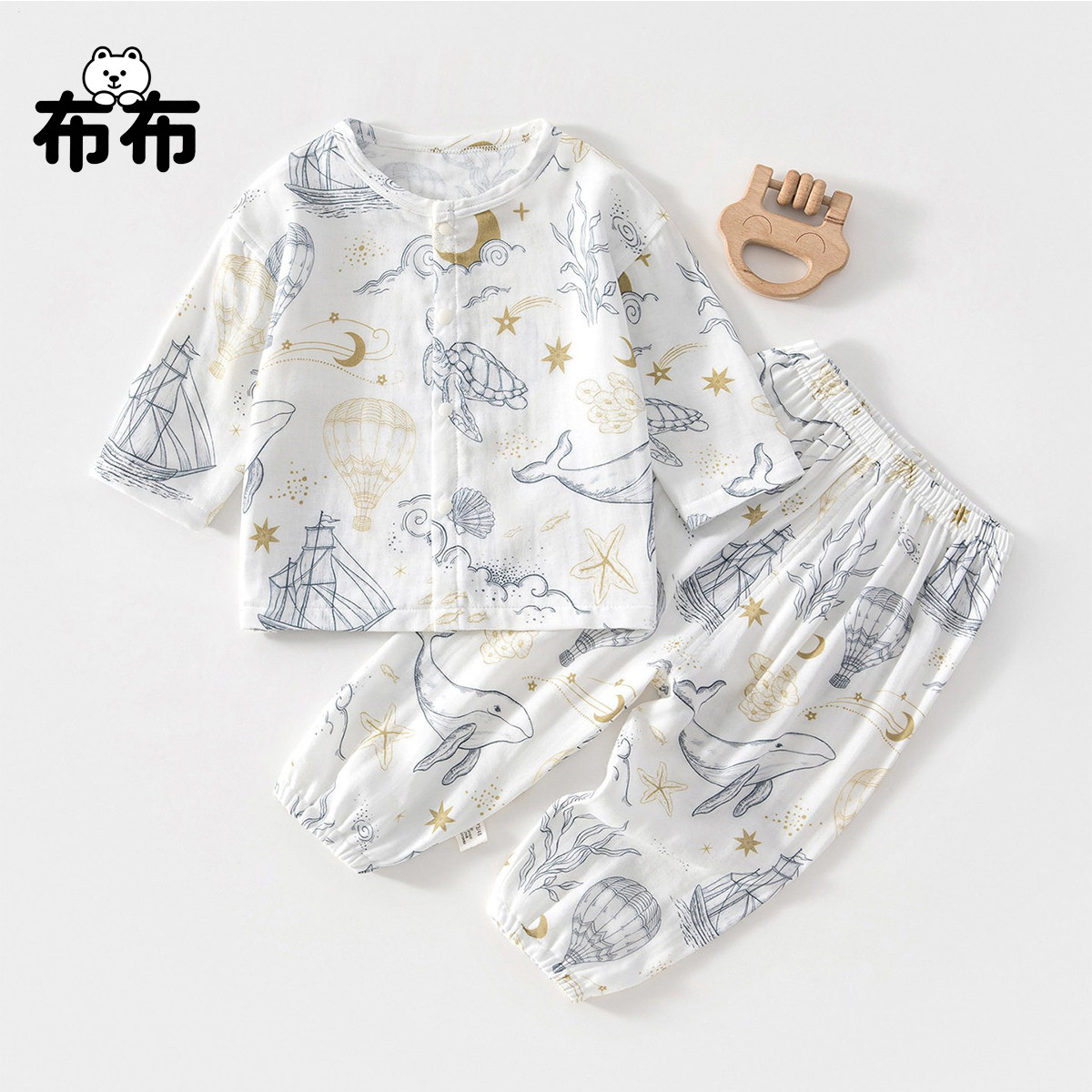 婴儿纱布套装宝宝家居服长袖竹纤维上衣裤子儿童夏季空调服男女童