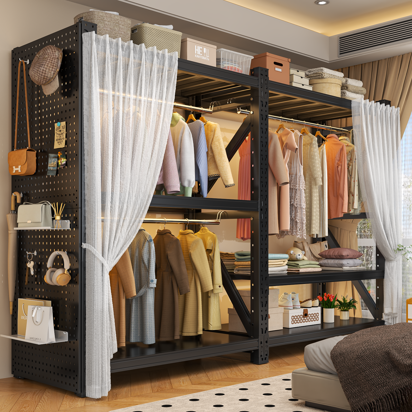 货架衣柜简易组装家用卧室衣帽间收纳开放式钢制金属挂衣架储物柜