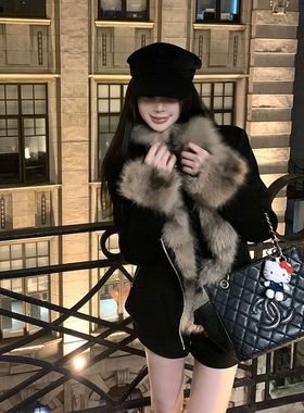 【蒂安娜小姐】黑色皮毛一体机车服外套女2024年冬季新款减龄外套