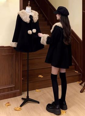 韩系高级感小香风富家千金黑色毛呢中长款外套秋冬新款小个子大衣