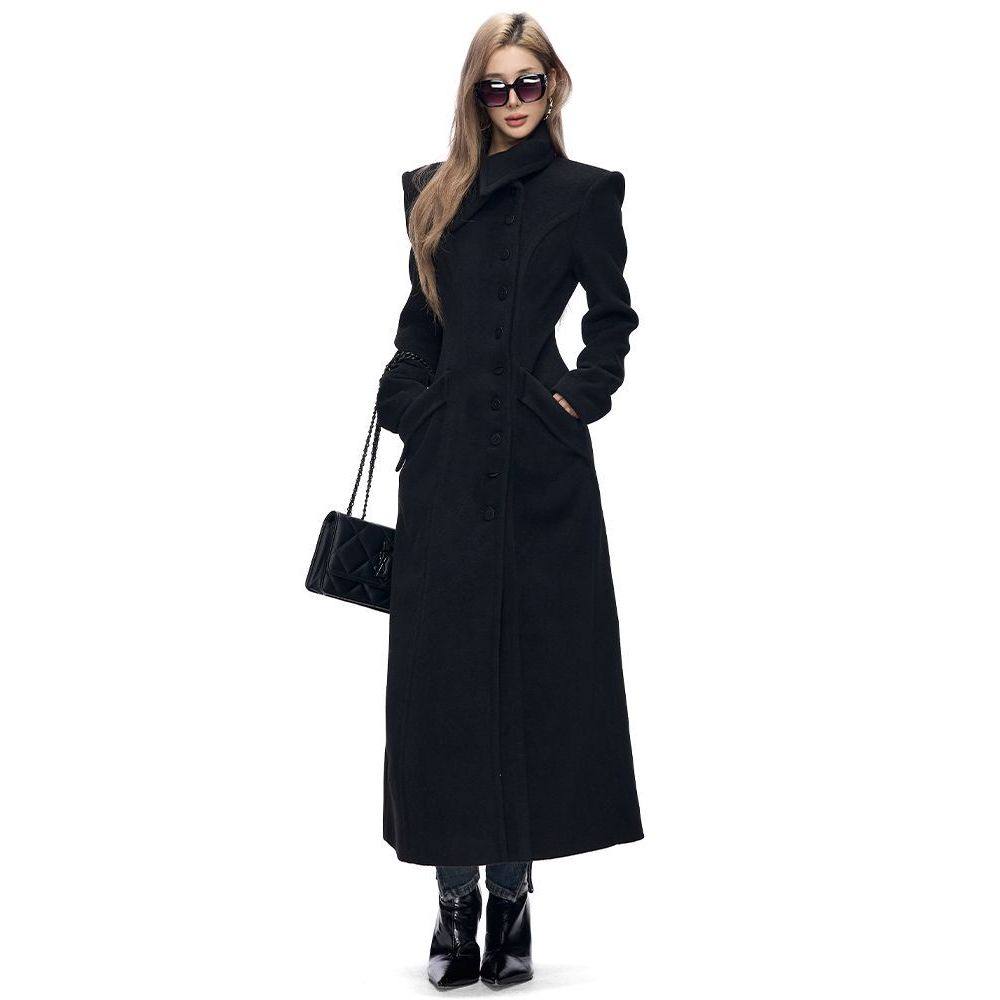 【奥本海默】英伦风花苞大翻领长款收腰外套经典A字摆赫本风大衣