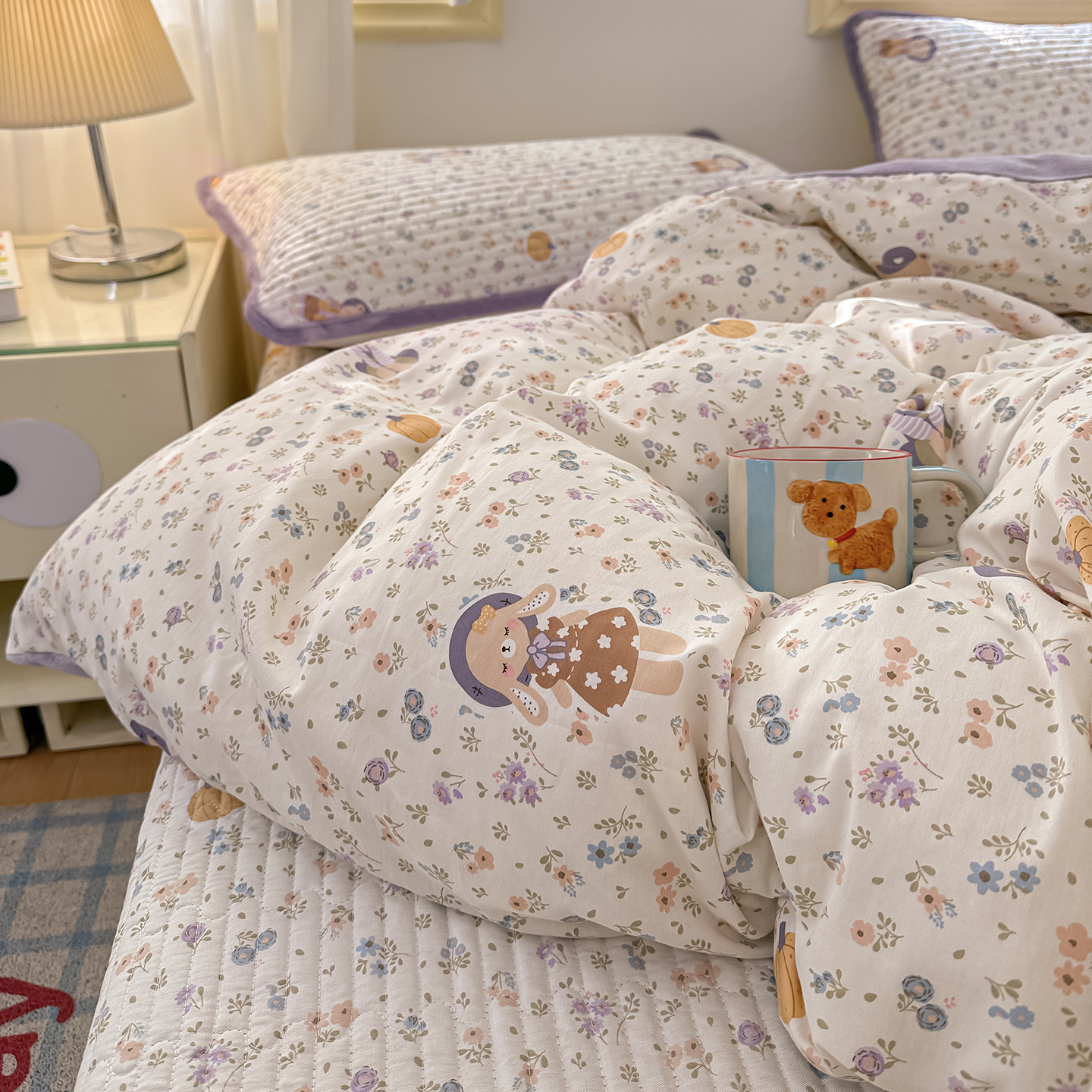 恒源祥小清新秋冬a面全棉b面牛奶绒床盖四件套纯棉被套珊瑚绒床品