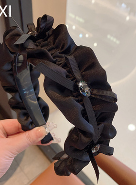 复古轻奢法式黑色褶皱发箍女蝴蝶结水钻头箍气质高颅顶头箍百搭