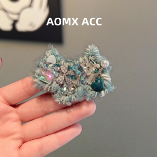 日韩风蓝色毛线水钻蝴蝶结发夹女中长发边夹亮晶晶发饰超仙复古