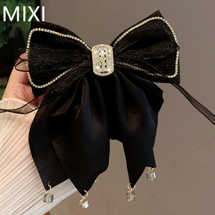 黑色缎面蝴蝶结发饰水钻顶夹法式轻奢后脑半扎弹簧夹高端气质发夹