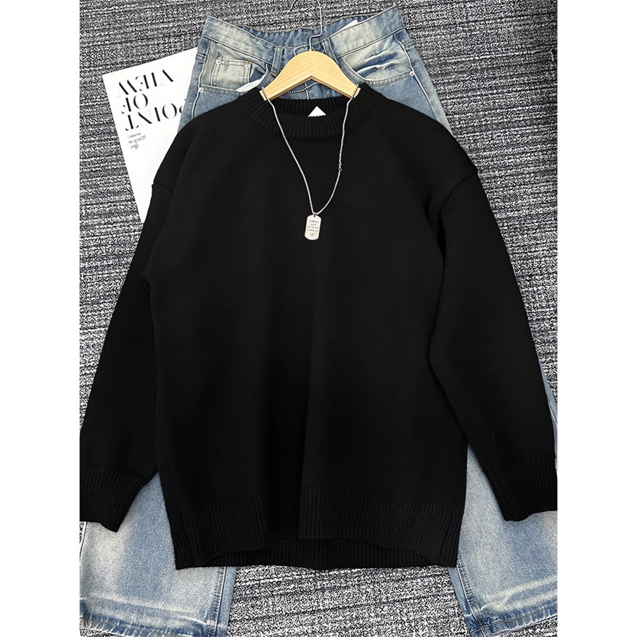 黑色圆领毛衣秋冬季慵懒风针织衫