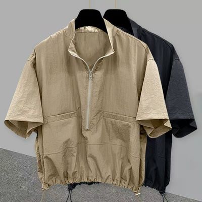 特大码300斤设计感半拉链立领T恤