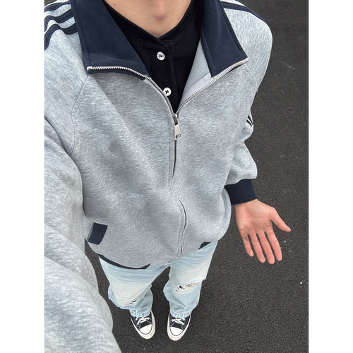 美式高街潮牌条纹纯色拉链卫衣