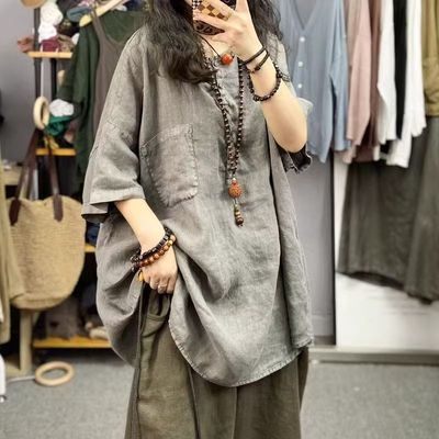 300斤大码男装夏季亚麻短袖T恤男女薄款宽松圆领半袖衬衫情侣上衣