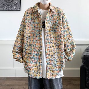 大码300斤小香风千鸟格外套男秋季设计感痞帅大码高级衬衫外套潮