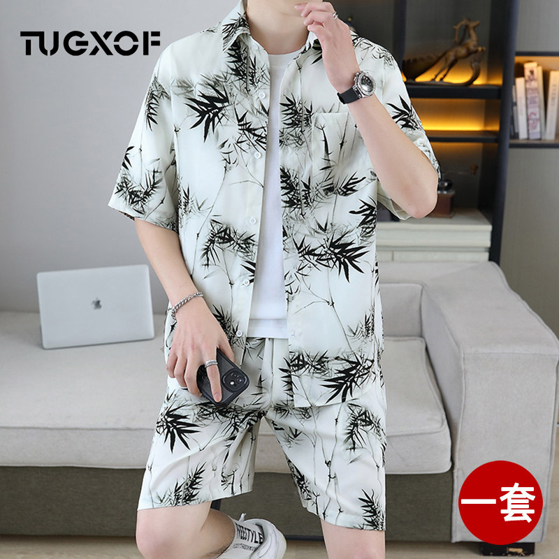 新中式男士短袖衬衫夏季新款冰丝印花竹叶宽松透气薄款衬衫套装潮