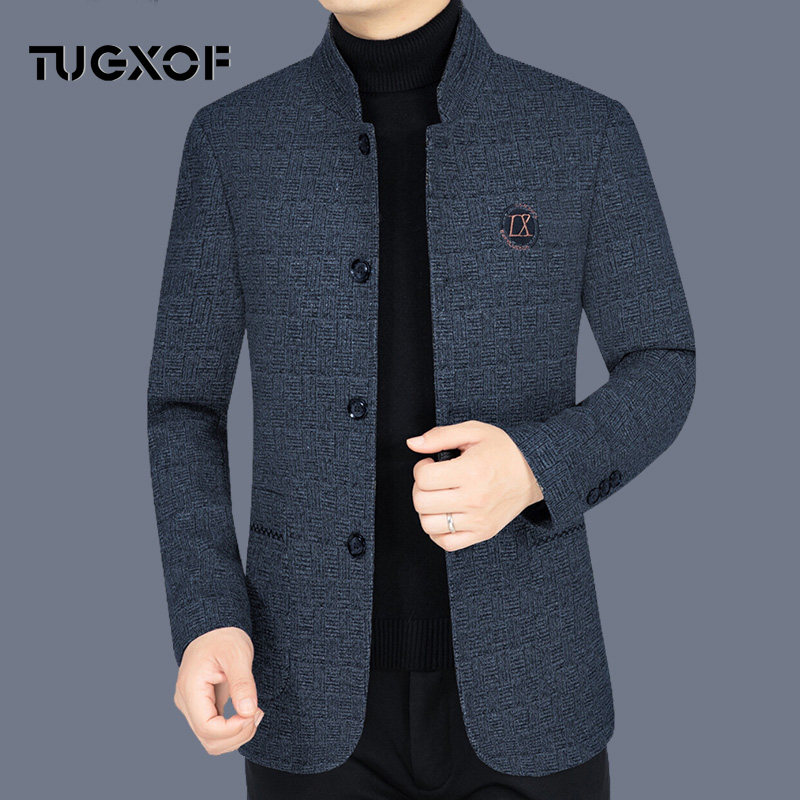 男士时尚呢大衣男春秋季大码休闲外套中年爸爸立领呢子行政夹克男