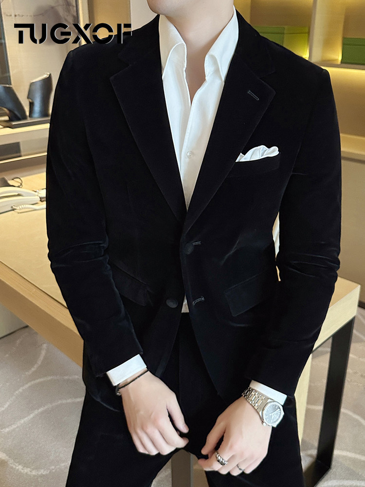 金丝绒西装男百搭2025款春秋商务休闲气质西服修身新郎结婚正装潮