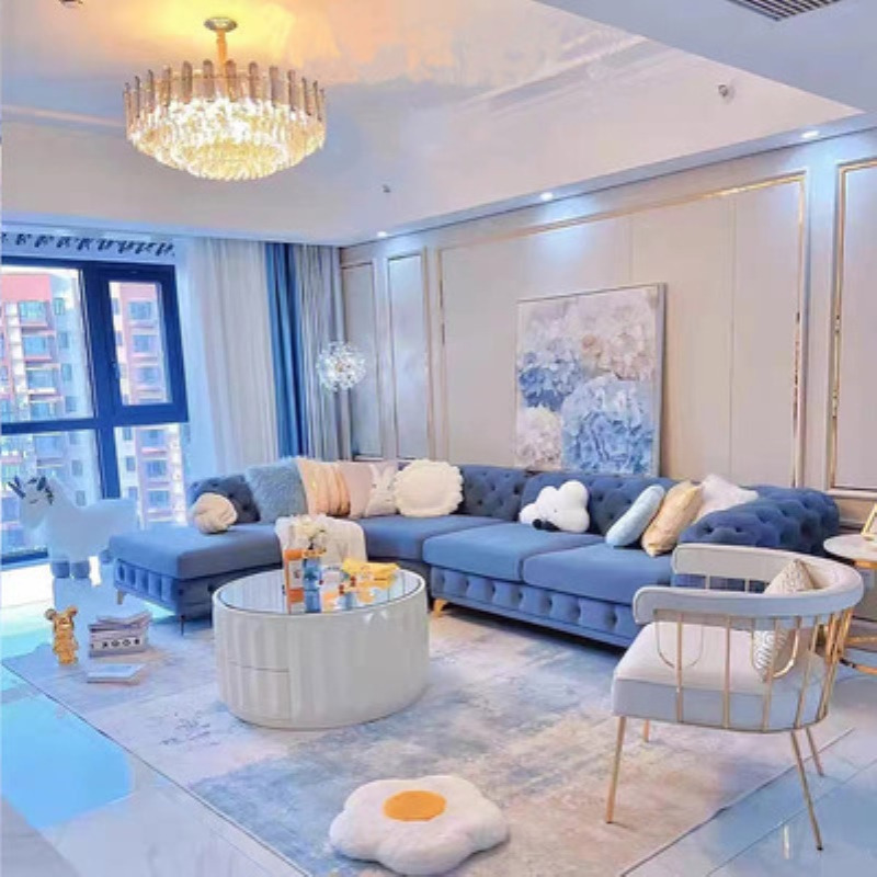 美式轻奢客厅沙发弧形拉扣贵妃转角布艺组合简约粉色网红创意新款