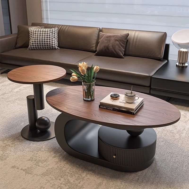 实木多层板椭圆形茶几轻奢现代简约小户型客厅家用胡桃木色中古风
