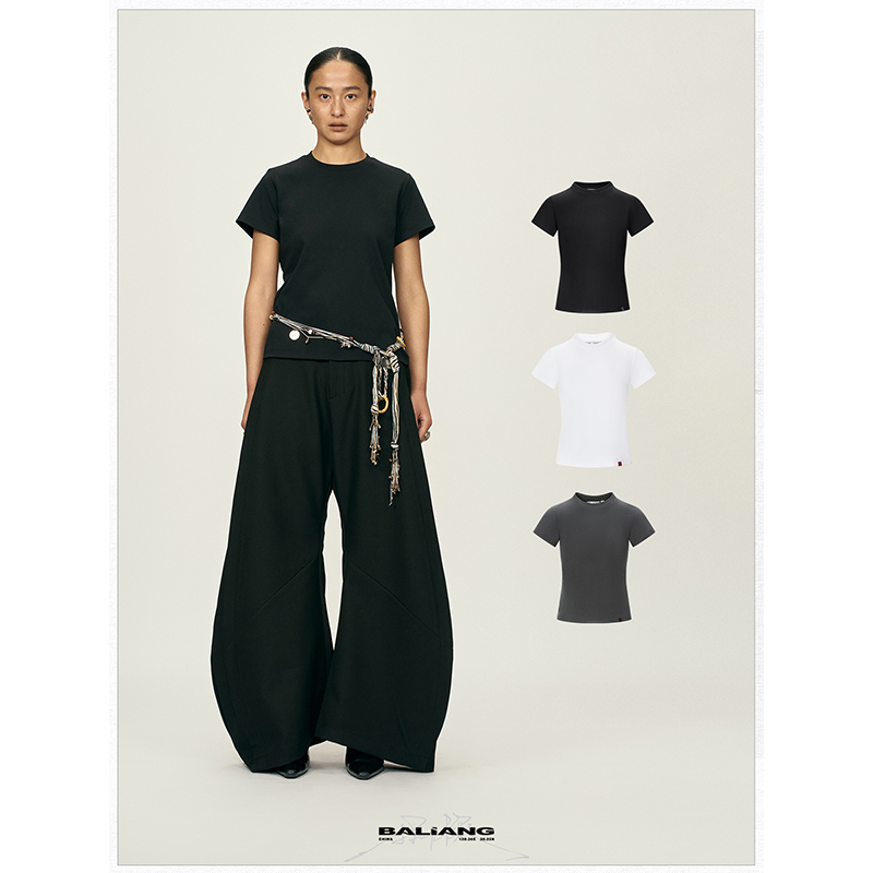 BALIANG「捌樑」修饰身型/基础叠穿/不易变型圆领正肩皮标短袖T恤