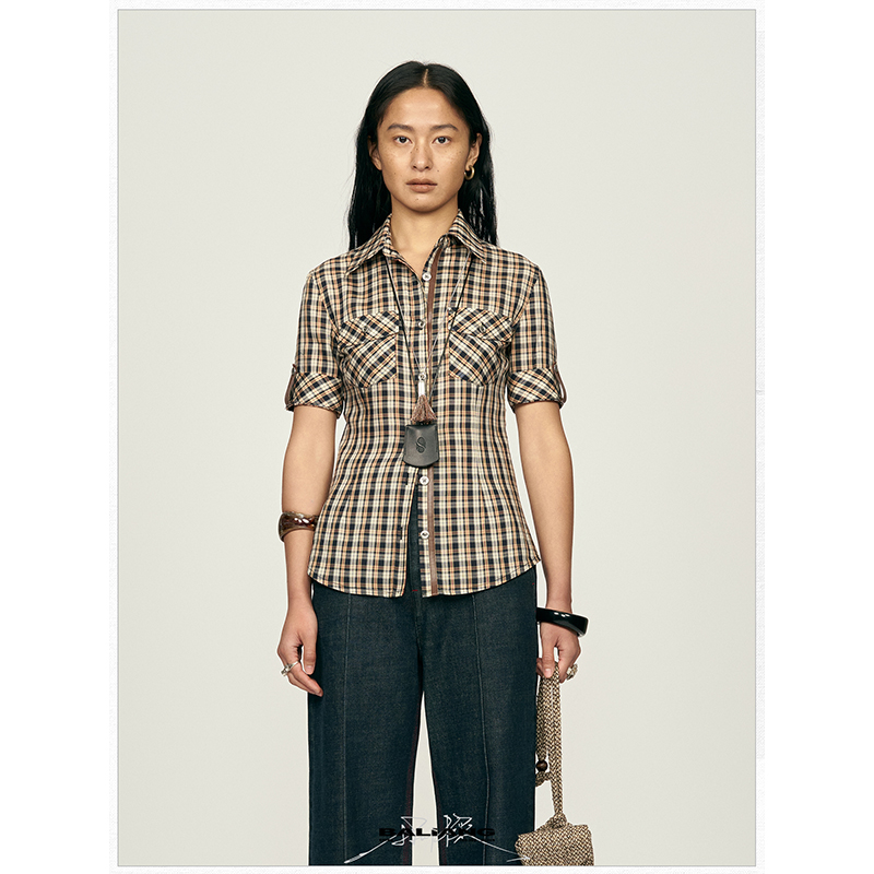 BALIANG「捌樑」纯天丝棉混纺复古米黄格纹短袖上衣修身收腰衬衫