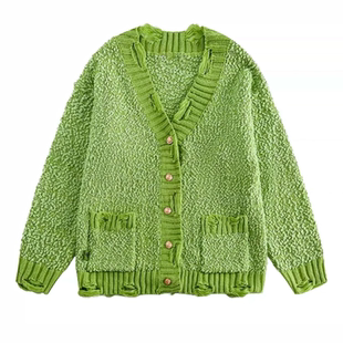 露露酱NN 外套A6170 「苏黎落叶」TEEINXX毛边破洞毛衣宽松针织衫