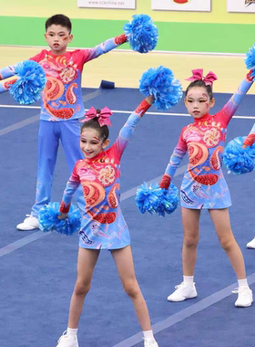 新款蓝色啦啦操服装定制男女啦啦队比赛服儿童中小学花球拉拉队服