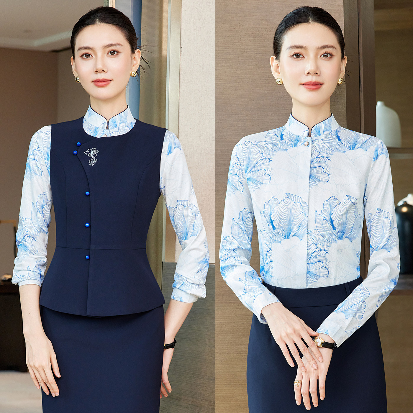 新中式职业马甲套装女医美口腔酒店前台茶楼工装餐饮服务员工作服