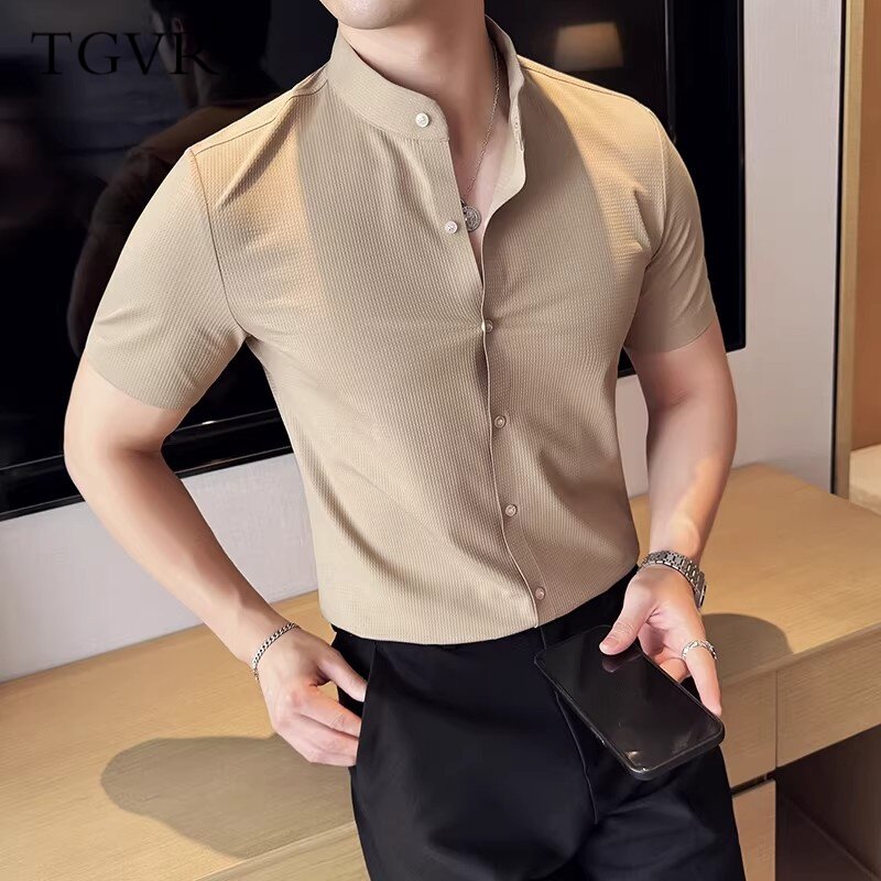 新中式衬衫男士2026夏季薄款弹力无痕华夫格立领衬衫男短袖中山领