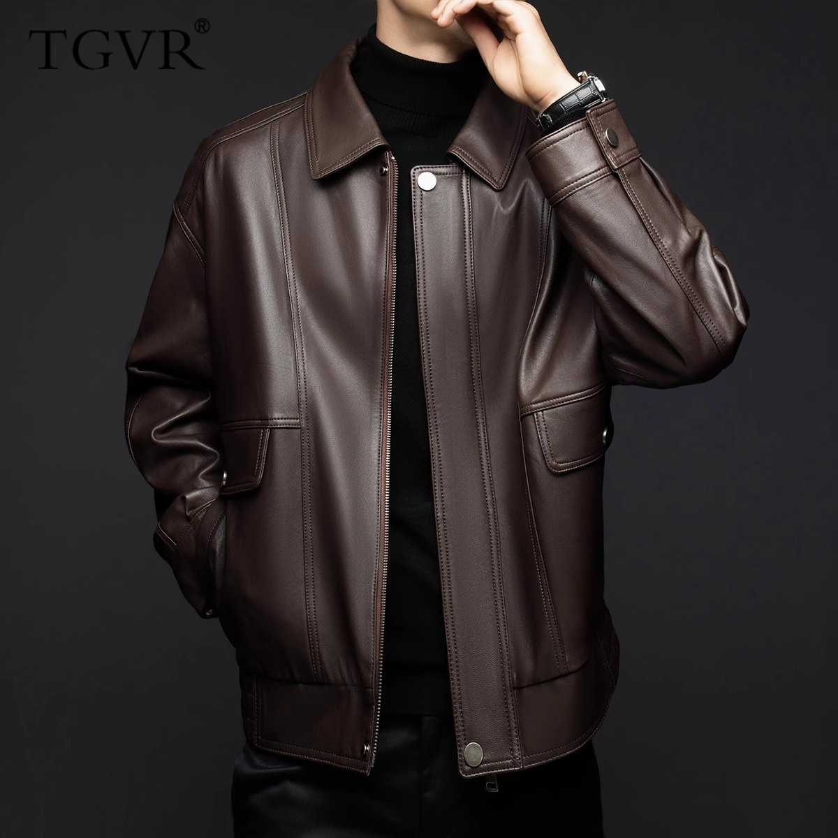 皮衣男真皮翻领皮夹克2024秋冬季新款绵羊皮鹅绒羽绒服机车服外套