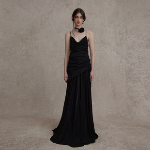 Elywood针织荡领吊带连衣裙高级优雅微透网纱裙子无袖 显瘦长裙女