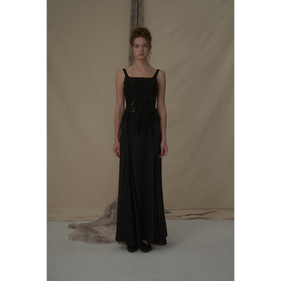 Elywood黑色蕾丝分割醋酸马甲镂空显瘦低领上衣小众原创设计内搭