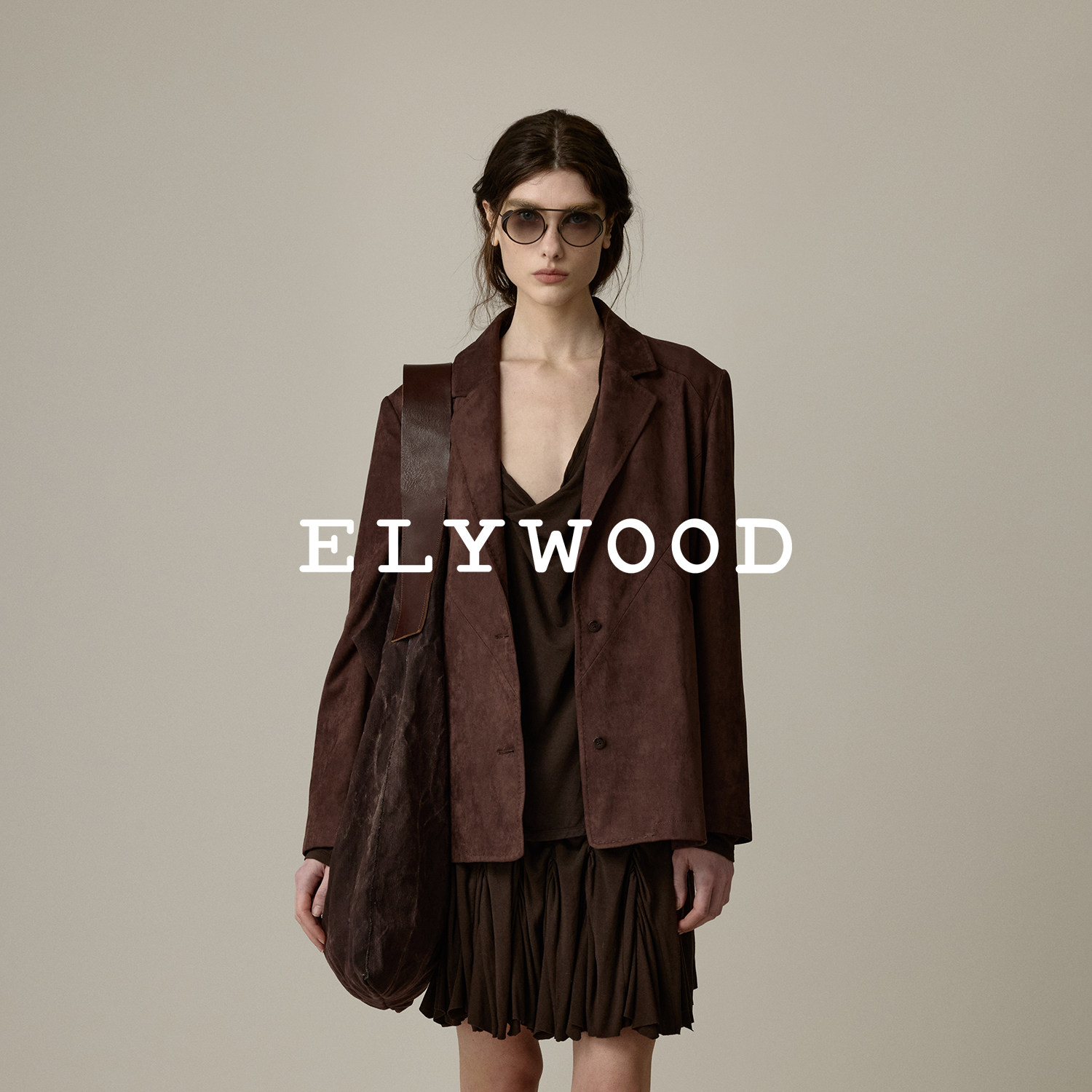 Elywood人造麂皮宽松西装秋冬中古风翻领外套单排扣通勤商务正装