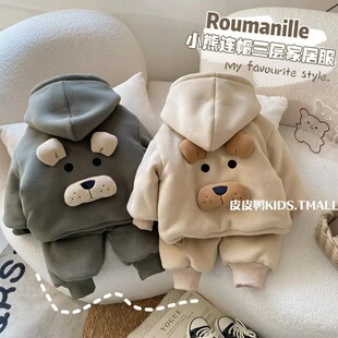 宝宝睡衣冬季加绒加厚男童冬款四层保暖家居服套装儿童卡通两件套