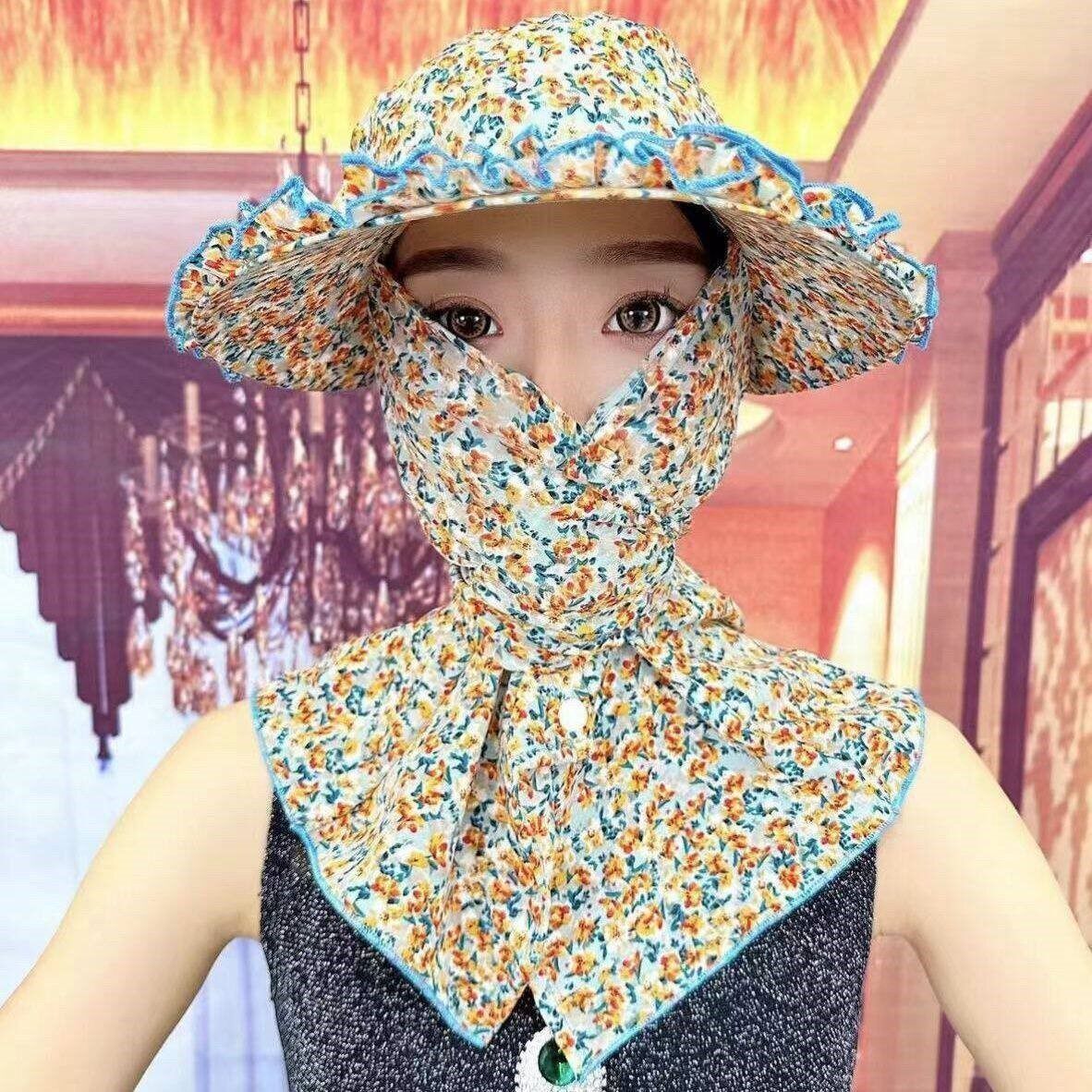 新款采茶帽大花边防晒帽子薄下地干活护脸护颈女骑车防风遮阳帽