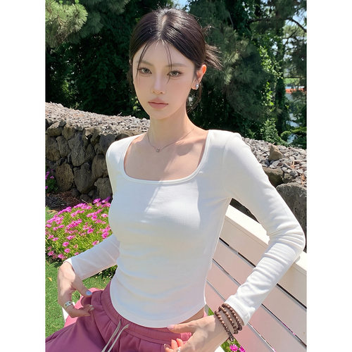 秋季韩系方领修身长袖打底T恤女