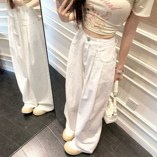 直筒牛仔长裤女高腰阔腿拖地裤女