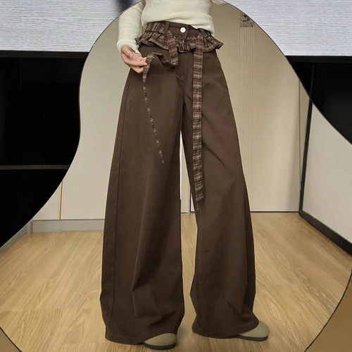 美拉德格纹拼接直筒阔腿牛仔裤女