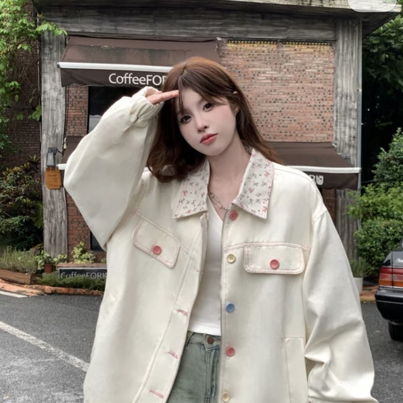 粉色小碎花翻领牛仔外套女秋季设计感彩色扣宽松百搭夹克上衣新款