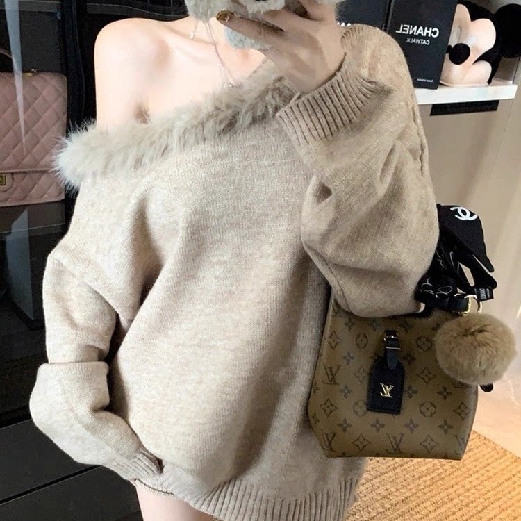 慵懒风露肩辣妹休闲套装女秋冬斜肩毛毛领针织毛衣卷边短裤两件套