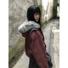 Daisy Bomb 美式条纹毛领连帽酒红色外套女秋冬拉链开衫卫衣宽松