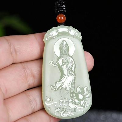 天然和田玉色阿富汗玉莲花观音吊坠观音菩萨吊坠男高档玉坠玉牌
