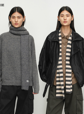 SILAVIE点晴好物 纯色绵羊毛粗纺围巾/山羊绒杏灰条纹围巾