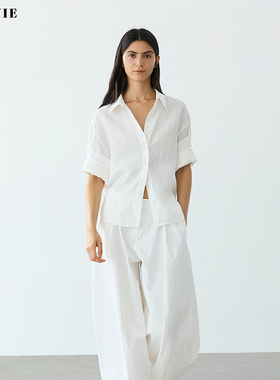 SILAVIE时尚百搭100%亚麻夏季多种穿法落肩廓形衬衫女纯色上衣