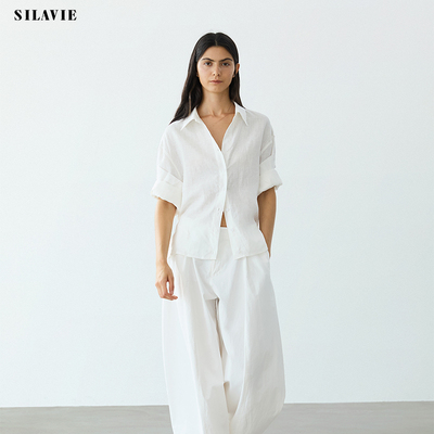 SILAVIE时尚百搭100%亚麻夏季多种穿法落肩廓形衬衫女纯色上衣