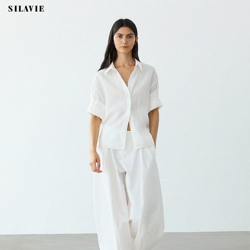 SILAVIE100%亚麻白衬衫女上衣夏淡人高知穿搭蓝色高级感轻奢减龄
