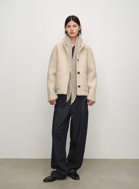 SILAVIE 夹克复古白色立领毛呢外套开衫廓形松弛感宽松休闲上衣