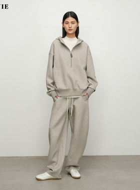 SILAVIE纯棉加厚保暖花纱绒连帽半拉链卫衣弧形宽松休闲裤套装