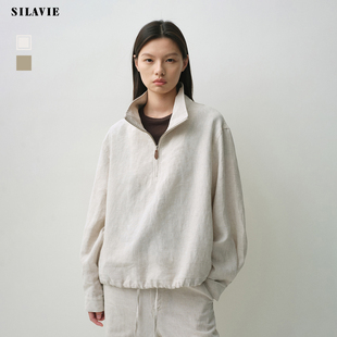 SILAVIE极简轻奢德隆汉麻POLO立领抽绳套头夹克外套