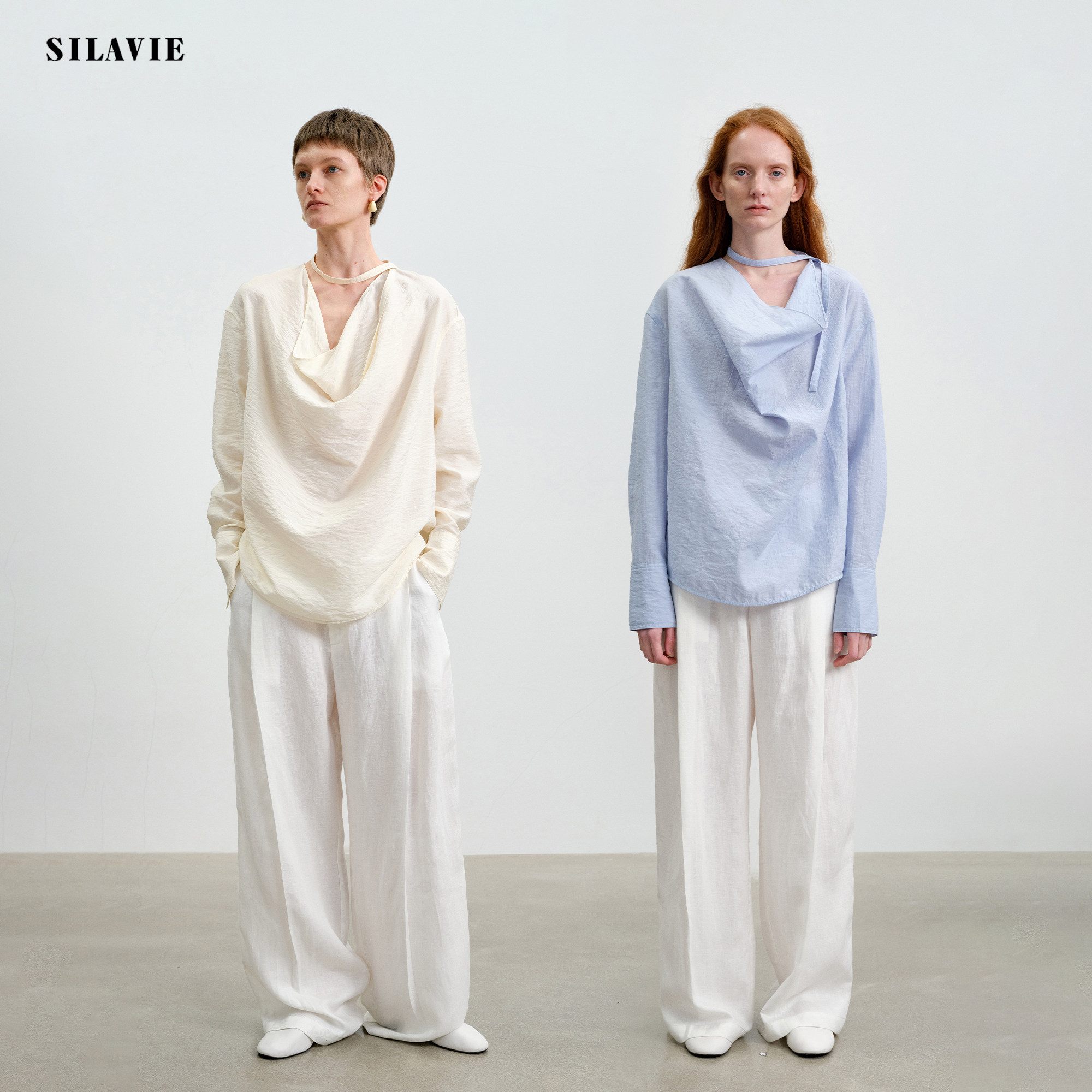 SILAVIE柞蚕丝亚麻莫代尔干丝荡领廓形宽松飘带衬衫女2026春季款