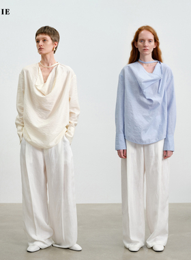 SILAVIE柞蚕丝亚麻莫代尔干丝荡领廓形宽松飘带衬衫女2026春季款