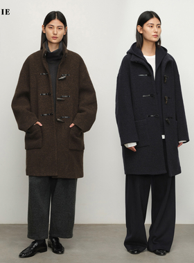 SILAVIE柔软蓬松保暖羊毛呢料 中长款立领牛角扣毛呢呢子大衣外套